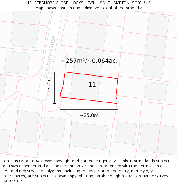 11, PERSHORE CLOSE, LOCKS HEATH, SOUTHAMPTON, SO31 6UF: Plot and title map