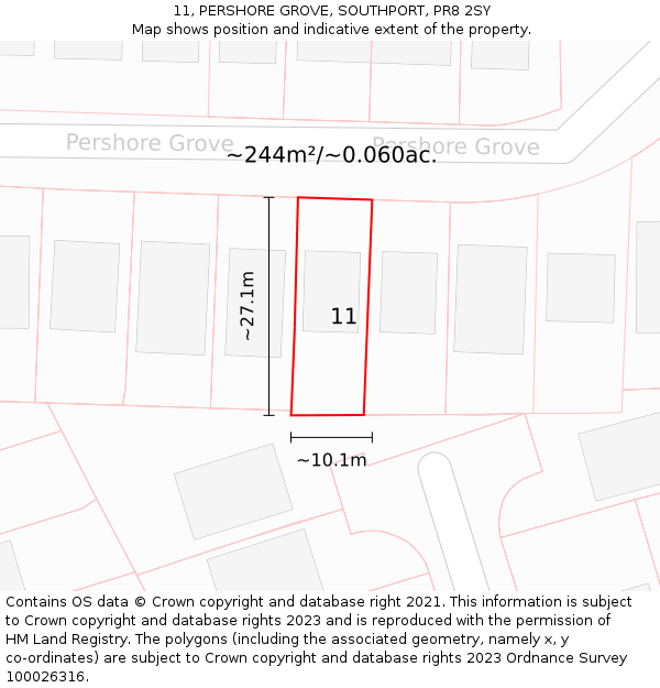 11, PERSHORE GROVE, SOUTHPORT, PR8 2SY: Plot and title map