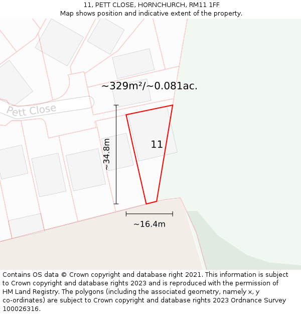 11, PETT CLOSE, HORNCHURCH, RM11 1FF: Plot and title map