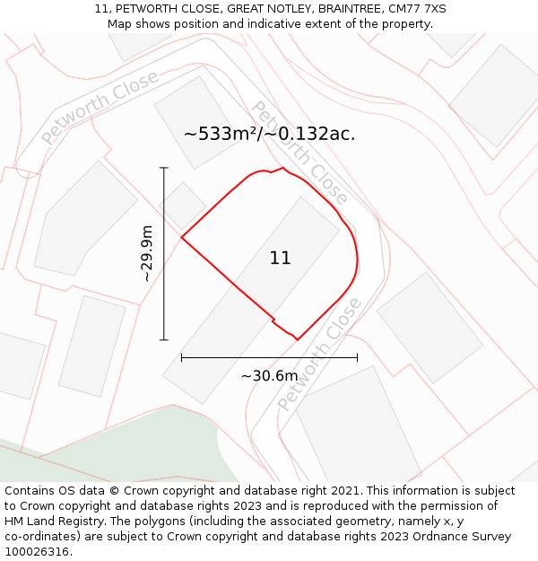 11, PETWORTH CLOSE, GREAT NOTLEY, BRAINTREE, CM77 7XS: Plot and title map