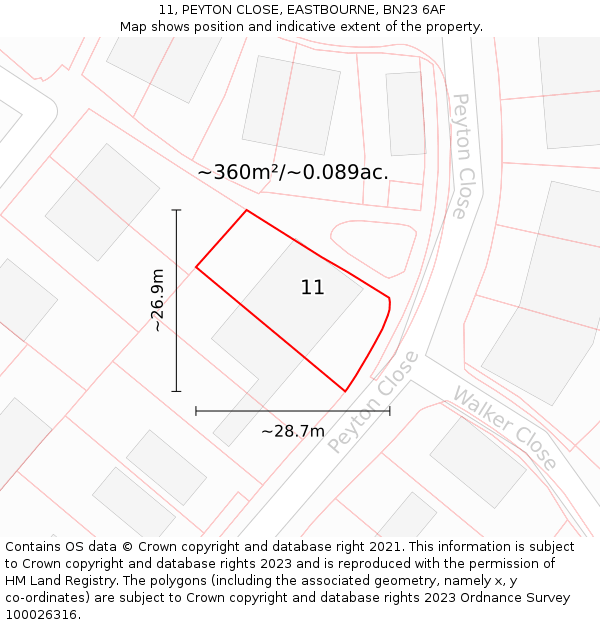 11, PEYTON CLOSE, EASTBOURNE, BN23 6AF: Plot and title map