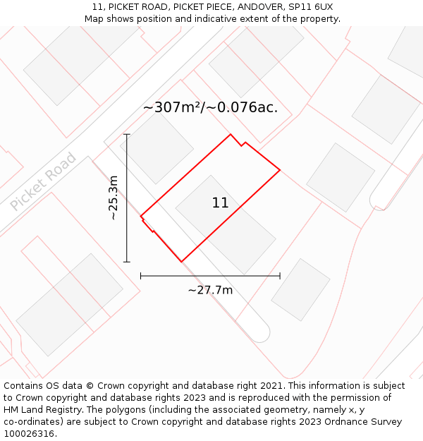 11, PICKET ROAD, PICKET PIECE, ANDOVER, SP11 6UX: Plot and title map