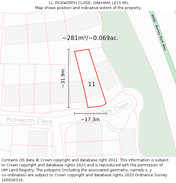 11, PICKWORTH CLOSE, OAKHAM, LE15 6FL: Plot and title map