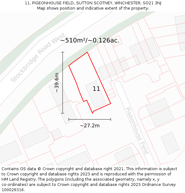 11, PIGEONHOUSE FIELD, SUTTON SCOTNEY, WINCHESTER, SO21 3NJ: Plot and title map