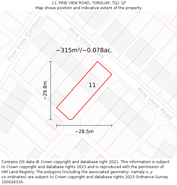 11, PINE VIEW ROAD, TORQUAY, TQ1 1JT: Plot and title map