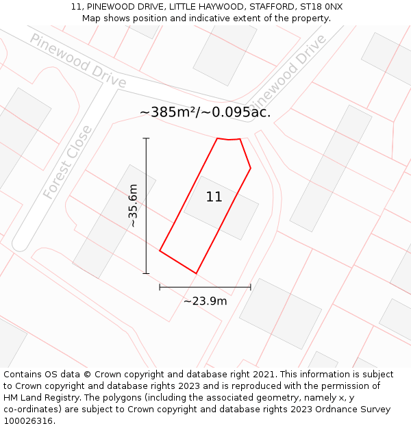 11, PINEWOOD DRIVE, LITTLE HAYWOOD, STAFFORD, ST18 0NX: Plot and title map