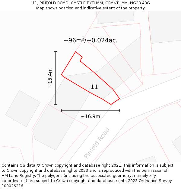 11, PINFOLD ROAD, CASTLE BYTHAM, GRANTHAM, NG33 4RG: Plot and title map