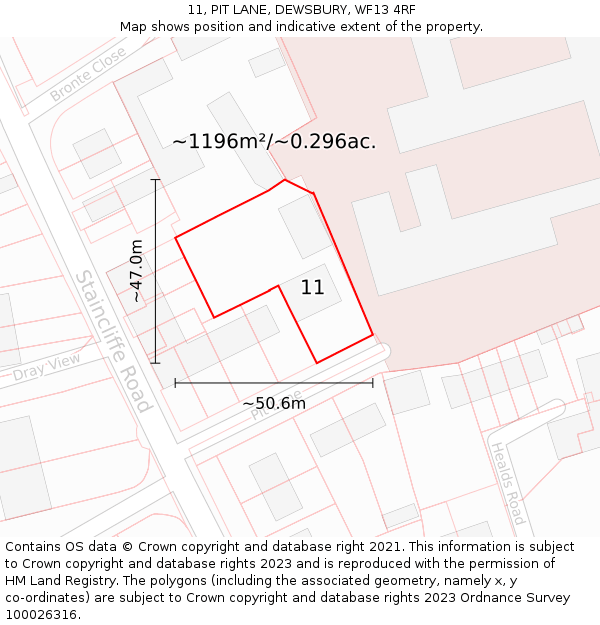 11, PIT LANE, DEWSBURY, WF13 4RF: Plot and title map