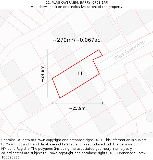 11, PLAS GWERNEN, BARRY, CF63 1AR: Plot and title map