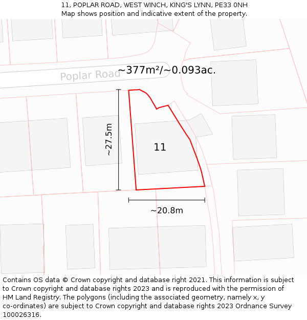 11, POPLAR ROAD, WEST WINCH, KING'S LYNN, PE33 0NH: Plot and title map
