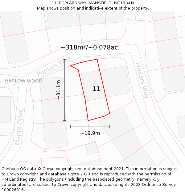 11, POPLARS WAY, MANSFIELD, NG18 4UX: Plot and title map