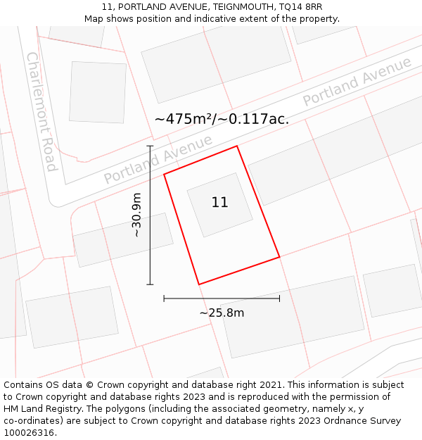 11, PORTLAND AVENUE, TEIGNMOUTH, TQ14 8RR: Plot and title map