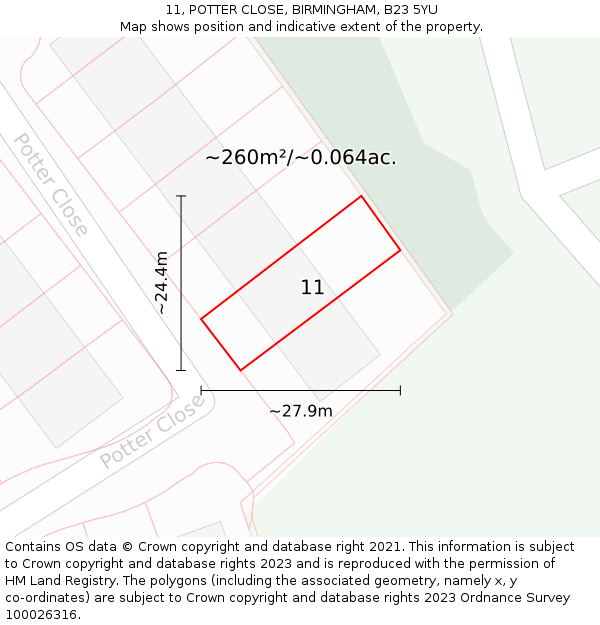 11, POTTER CLOSE, BIRMINGHAM, B23 5YU: Plot and title map