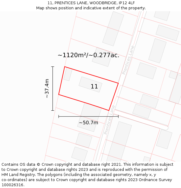 11, PRENTICES LANE, WOODBRIDGE, IP12 4LF: Plot and title map