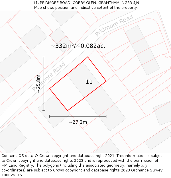 11, PRIDMORE ROAD, CORBY GLEN, GRANTHAM, NG33 4JN: Plot and title map