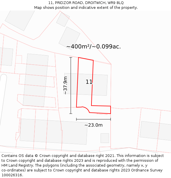 11, PRIDZOR ROAD, DROITWICH, WR9 8LQ: Plot and title map