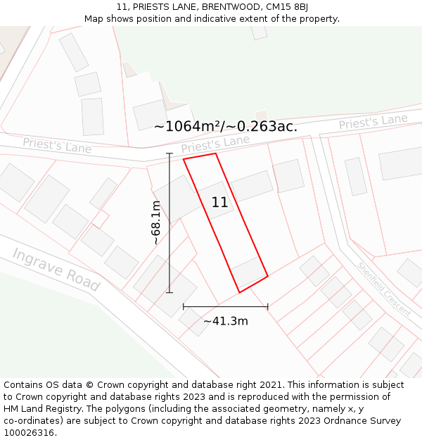 11, PRIESTS LANE, BRENTWOOD, CM15 8BJ: Plot and title map