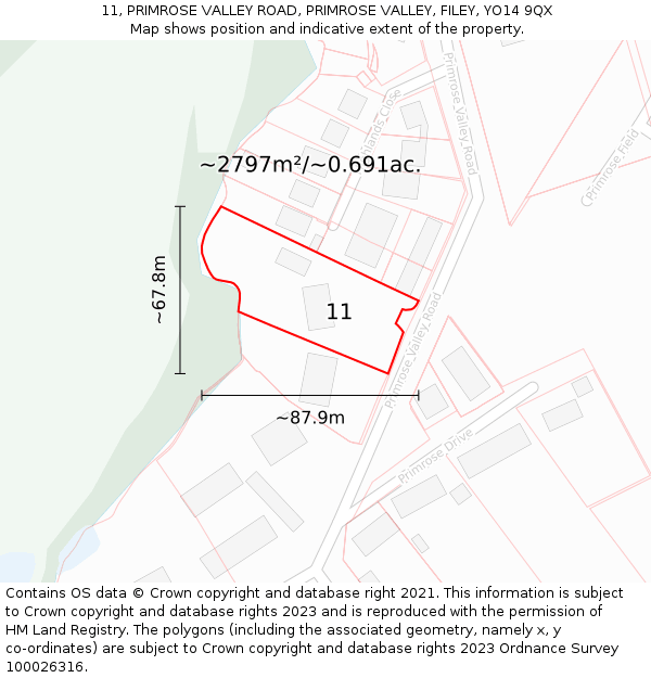 11, PRIMROSE VALLEY ROAD, PRIMROSE VALLEY, FILEY, YO14 9QX: Plot and title map