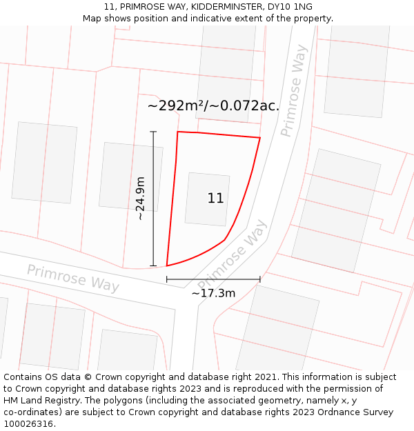 11, PRIMROSE WAY, KIDDERMINSTER, DY10 1NG: Plot and title map