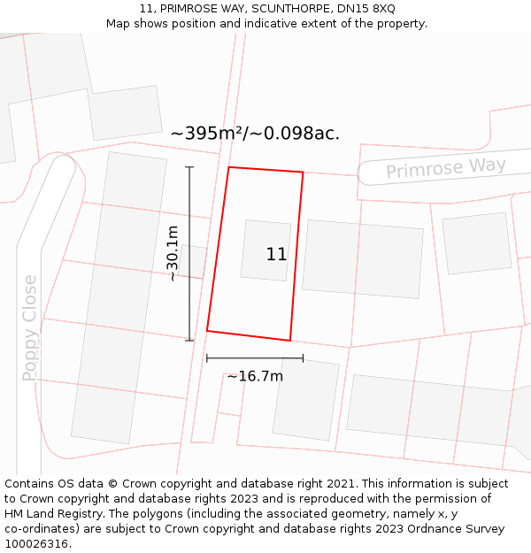 11, PRIMROSE WAY, SCUNTHORPE, DN15 8XQ: Plot and title map