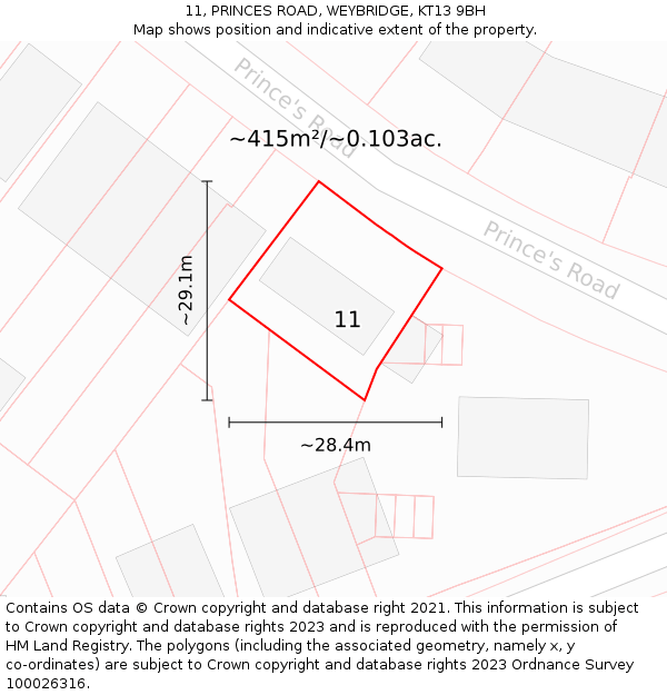 11, PRINCES ROAD, WEYBRIDGE, KT13 9BH: Plot and title map