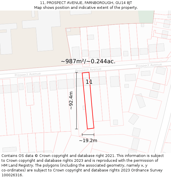 11, PROSPECT AVENUE, FARNBOROUGH, GU14 8JT: Plot and title map