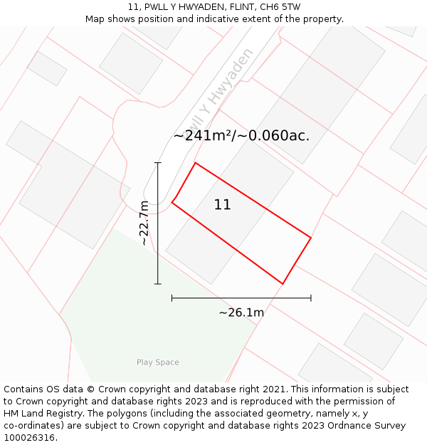 11, PWLL Y HWYADEN, FLINT, CH6 5TW: Plot and title map