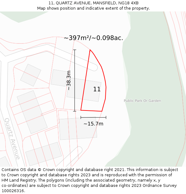 11, QUARTZ AVENUE, MANSFIELD, NG18 4XB: Plot and title map