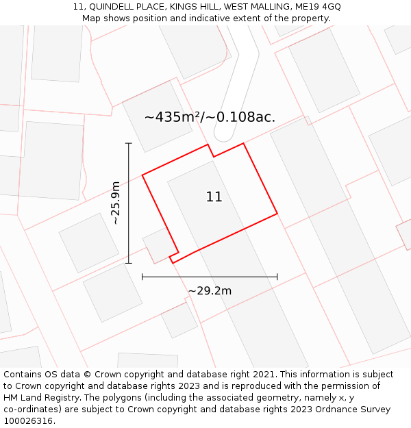 11, QUINDELL PLACE, KINGS HILL, WEST MALLING, ME19 4GQ: Plot and title map