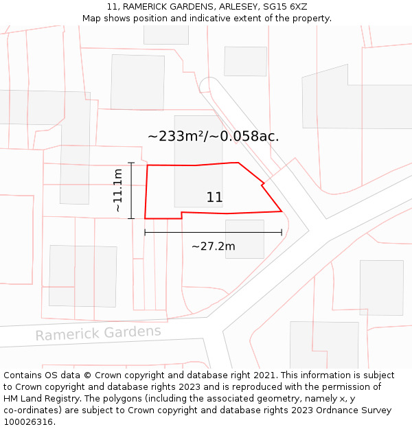 11, RAMERICK GARDENS, ARLESEY, SG15 6XZ: Plot and title map