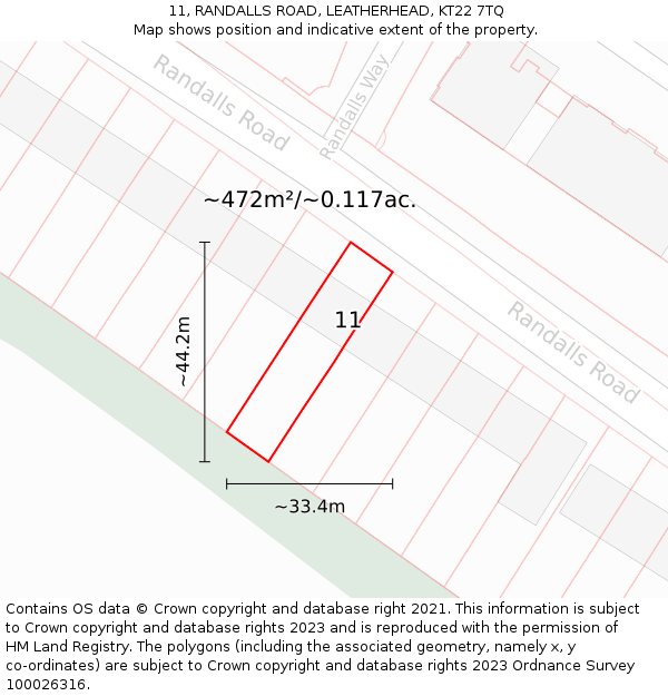 11, RANDALLS ROAD, LEATHERHEAD, KT22 7TQ: Plot and title map