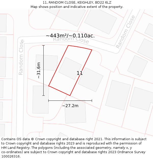 11, RANDOM CLOSE, KEIGHLEY, BD22 6LZ: Plot and title map