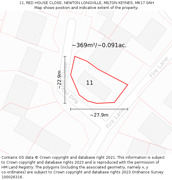 11, RED HOUSE CLOSE, NEWTON LONGVILLE, MILTON KEYNES, MK17 0AH: Plot and title map