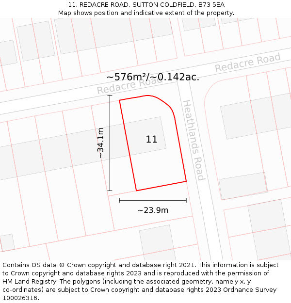 11, REDACRE ROAD, SUTTON COLDFIELD, B73 5EA: Plot and title map