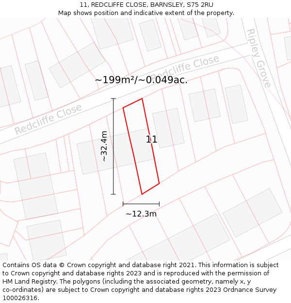 11, REDCLIFFE CLOSE, BARNSLEY, S75 2RU: Plot and title map