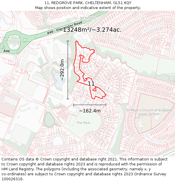 11, REDGROVE PARK, CHELTENHAM, GL51 6QY: Plot and title map