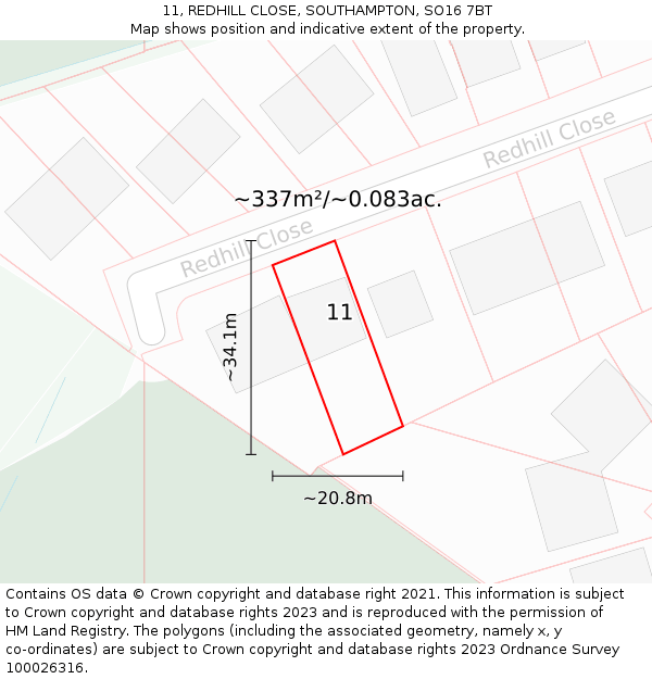 11, REDHILL CLOSE, SOUTHAMPTON, SO16 7BT: Plot and title map