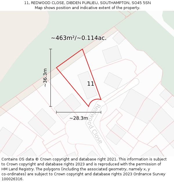 11, REDWOOD CLOSE, DIBDEN PURLIEU, SOUTHAMPTON, SO45 5SN: Plot and title map