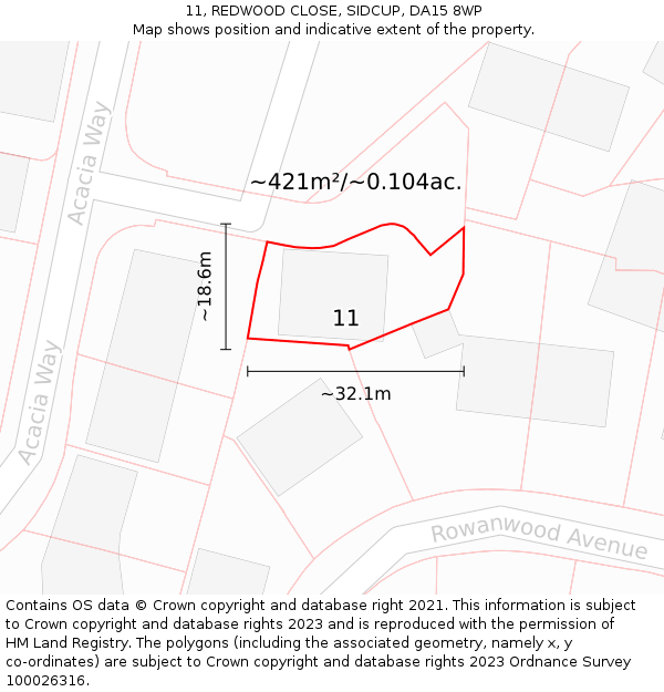 11, REDWOOD CLOSE, SIDCUP, DA15 8WP: Plot and title map