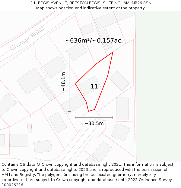 11, REGIS AVENUE, BEESTON REGIS, SHERINGHAM, NR26 8SN: Plot and title map