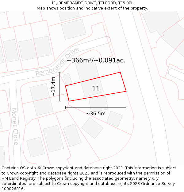 11, REMBRANDT DRIVE, TELFORD, TF5 0PL: Plot and title map