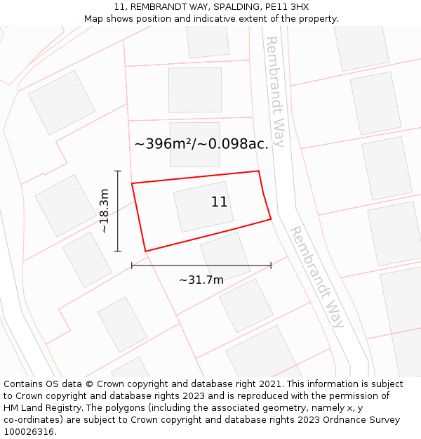 11, REMBRANDT WAY, SPALDING, PE11 3HX: Plot and title map