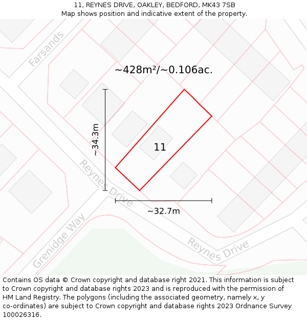 11, REYNES DRIVE, OAKLEY, BEDFORD, MK43 7SB: Plot and title map