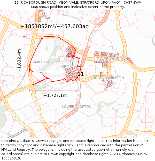 11, RICHBOROUGH ROAD, MEON VALE, STRATFORD-UPON-AVON, CV37 8WW: Plot and title map