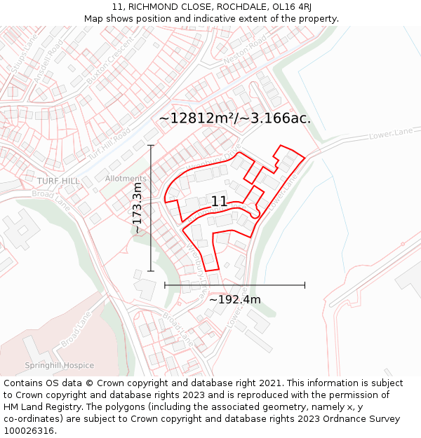 11, RICHMOND CLOSE, ROCHDALE, OL16 4RJ: Plot and title map