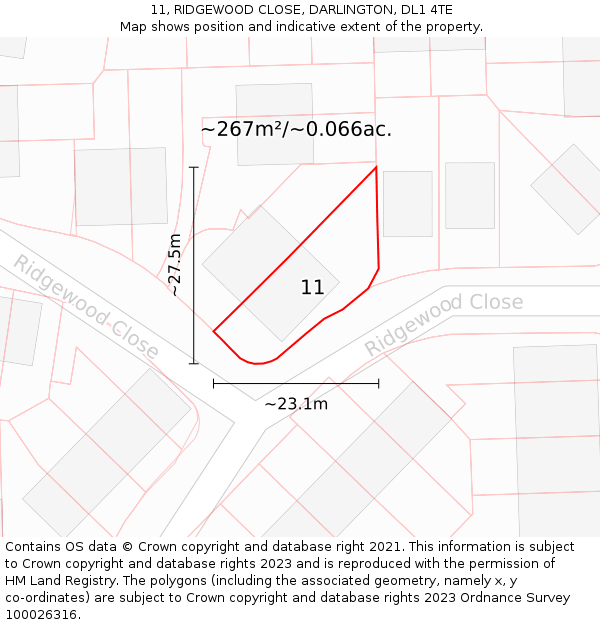 11, RIDGEWOOD CLOSE, DARLINGTON, DL1 4TE: Plot and title map