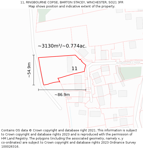 11, RINGBOURNE COPSE, BARTON STACEY, WINCHESTER, SO21 3FR: Plot and title map