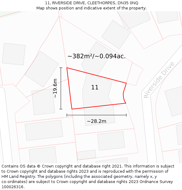 11, RIVERSIDE DRIVE, CLEETHORPES, DN35 0NQ: Plot and title map