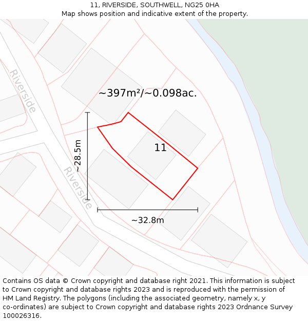 11, RIVERSIDE, SOUTHWELL, NG25 0HA: Plot and title map