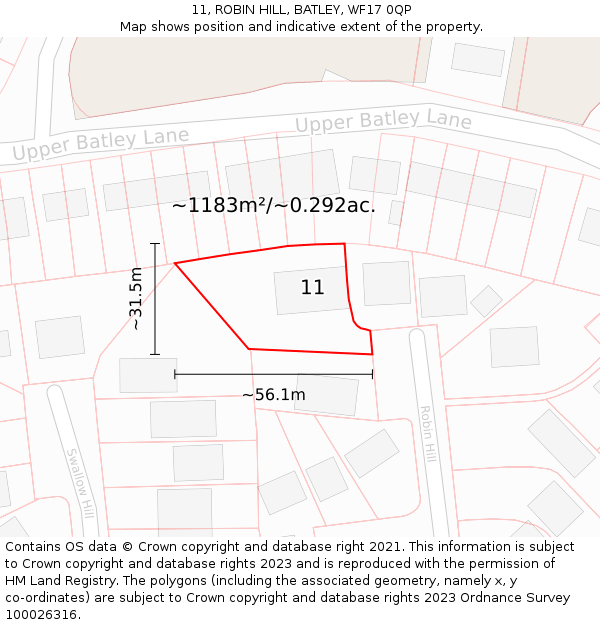 11, ROBIN HILL, BATLEY, WF17 0QP: Plot and title map